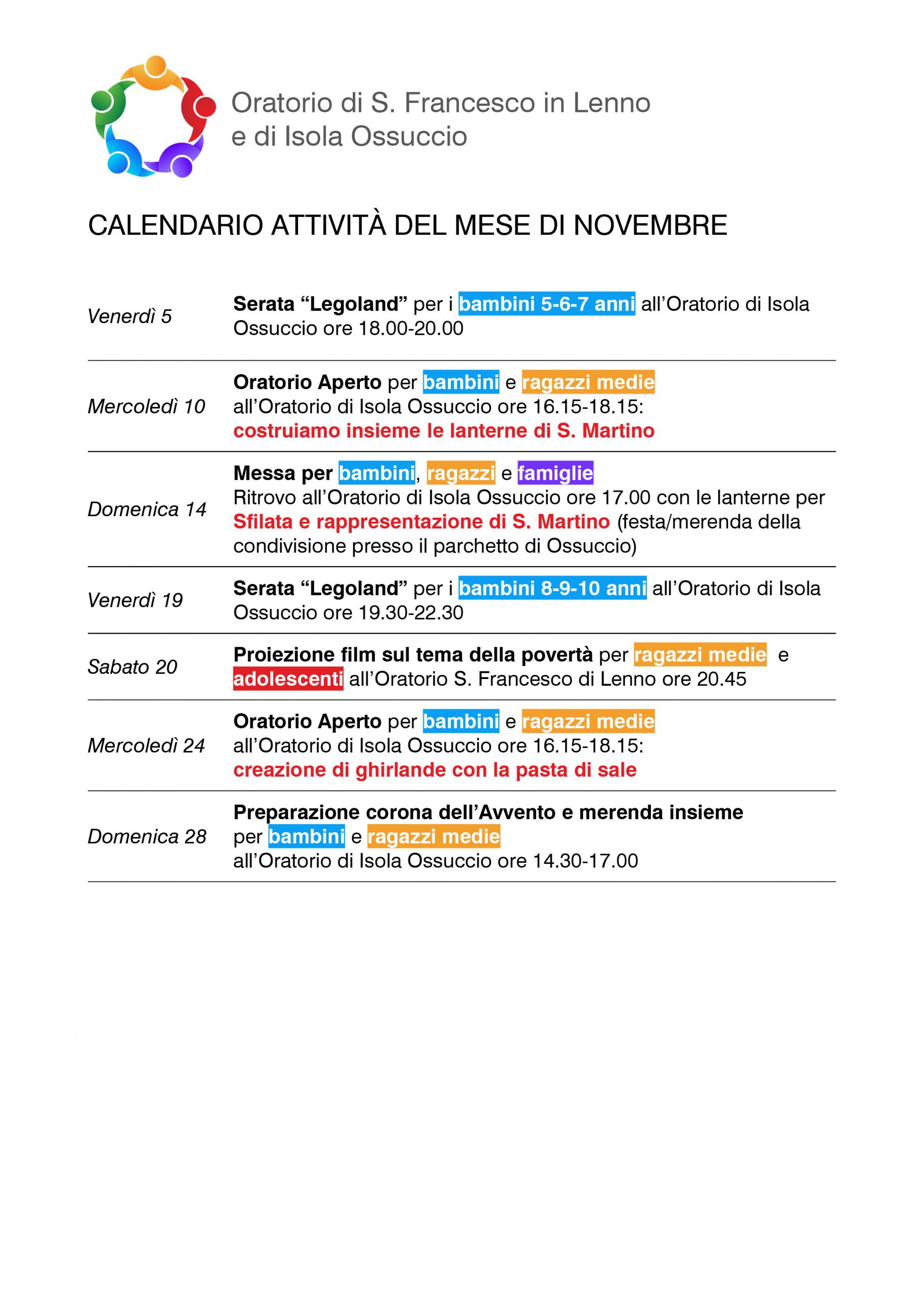 Calendario attività oratorio Novembre 2021