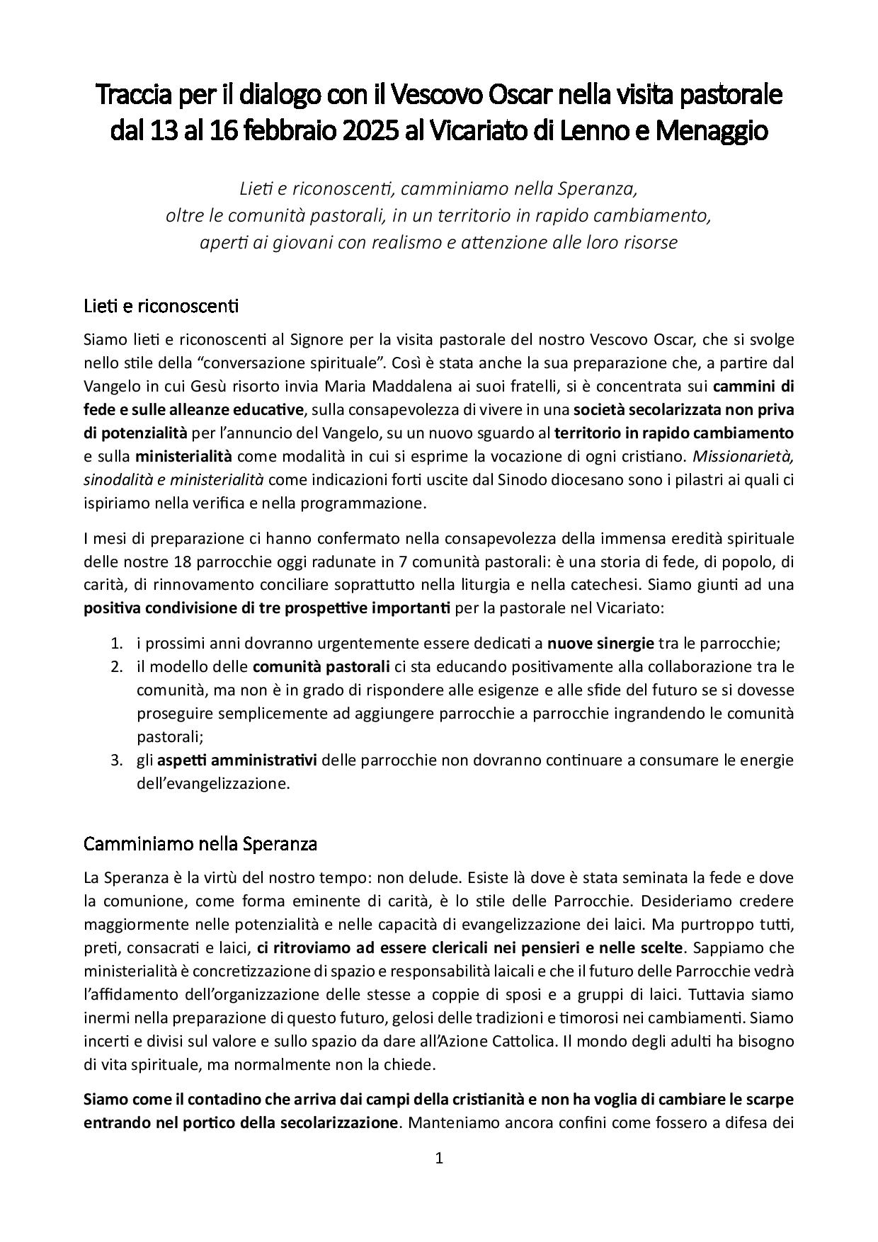 Traccia per il dialogo con il Vescovo Oscar nella visita pastoraledal 13 al 16 febbraio 2025 al Vicariato di Lenno e Menaggio