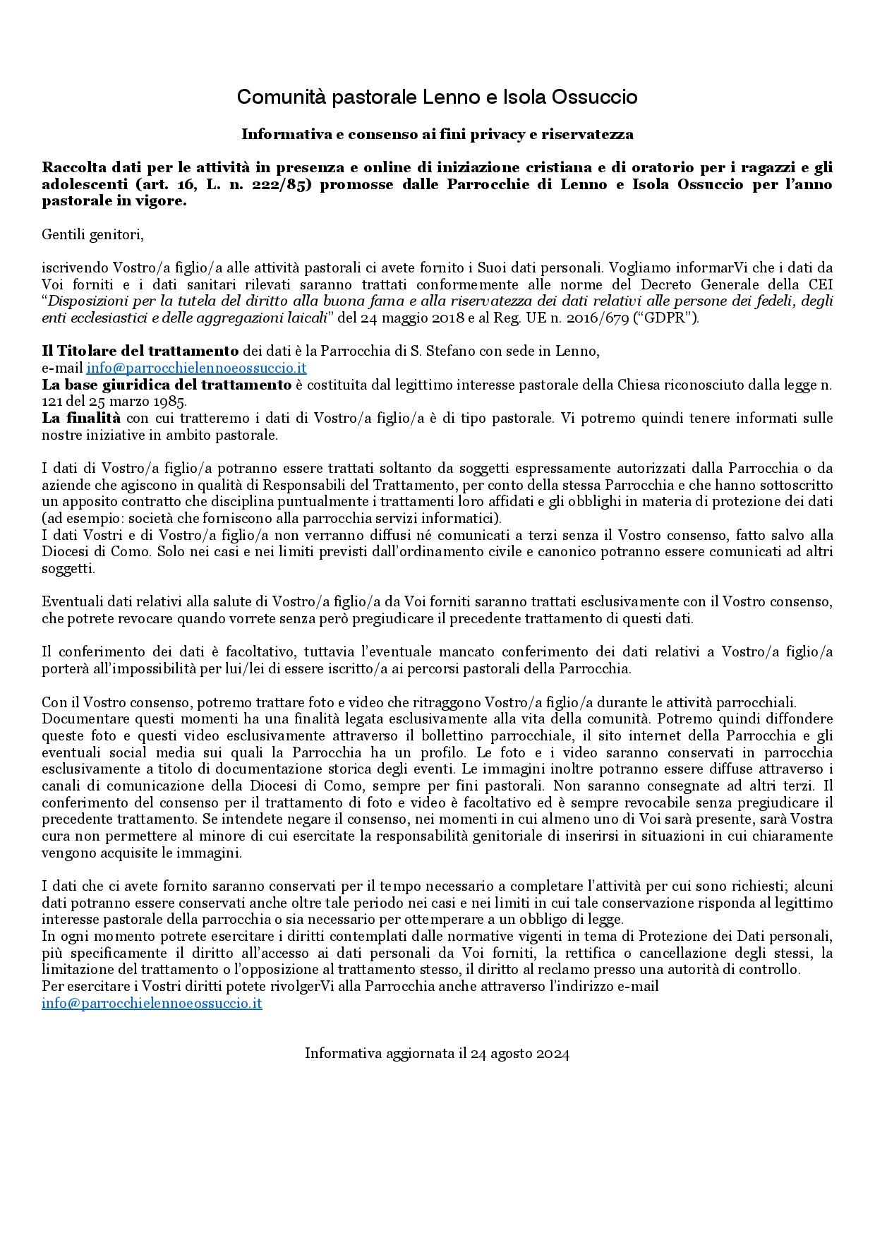 Informativa e consenso ai fini privacy e riservatezza
